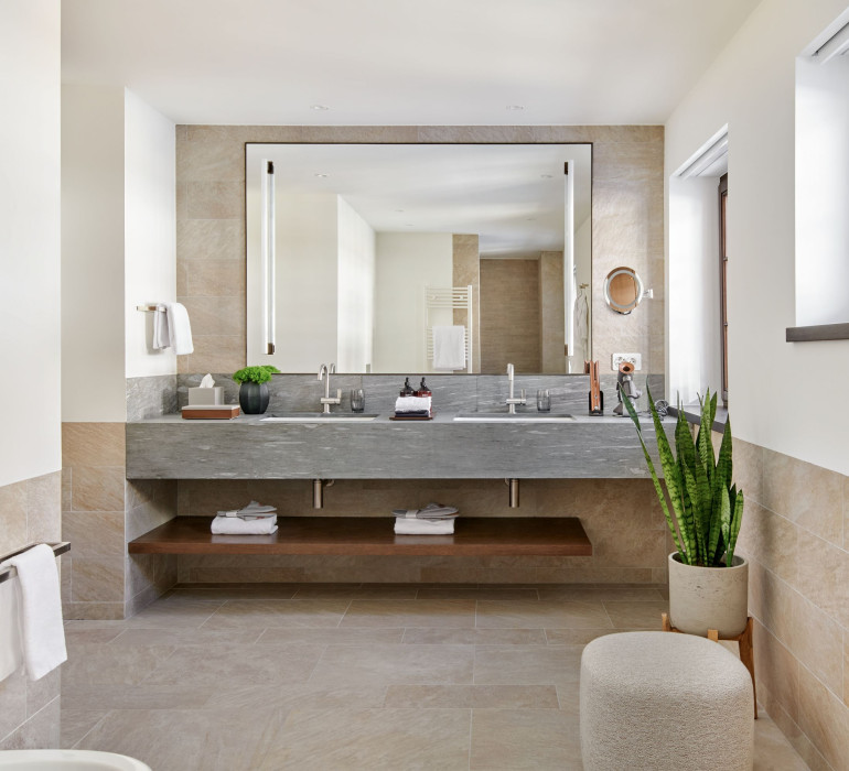 Light bathroom with two stone sinks, beige tiles and an Aloe Vera plant