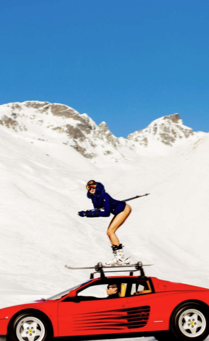 Tony Kelly Red Ferrari skiing woman