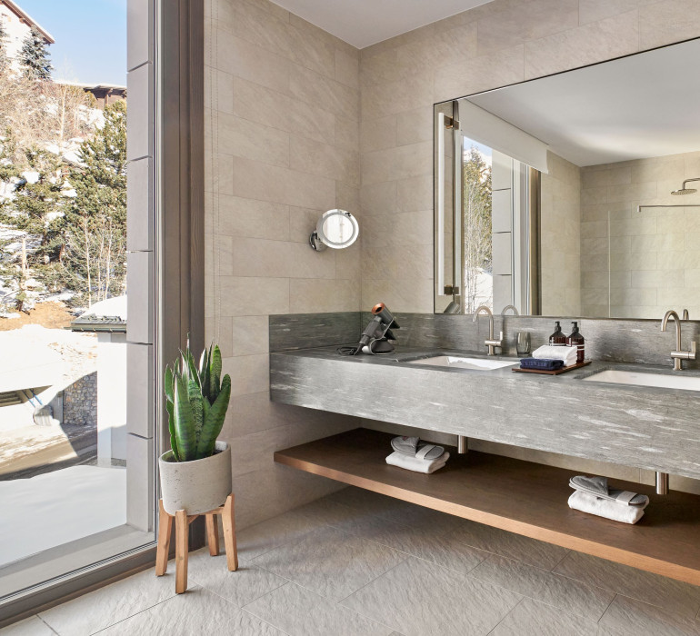 Bright and modern bathroom with grey sinks and a little green plant